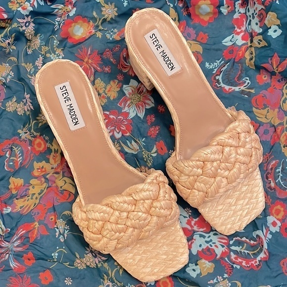Brand New Steve Madden Braided Natural Straw Large Strap Slides Heeled Sandals - Picture 14 of 14